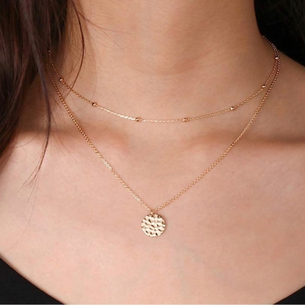 Gold 14k Gold Plated 2pc Hammered Pendant Beaded Necklace Set